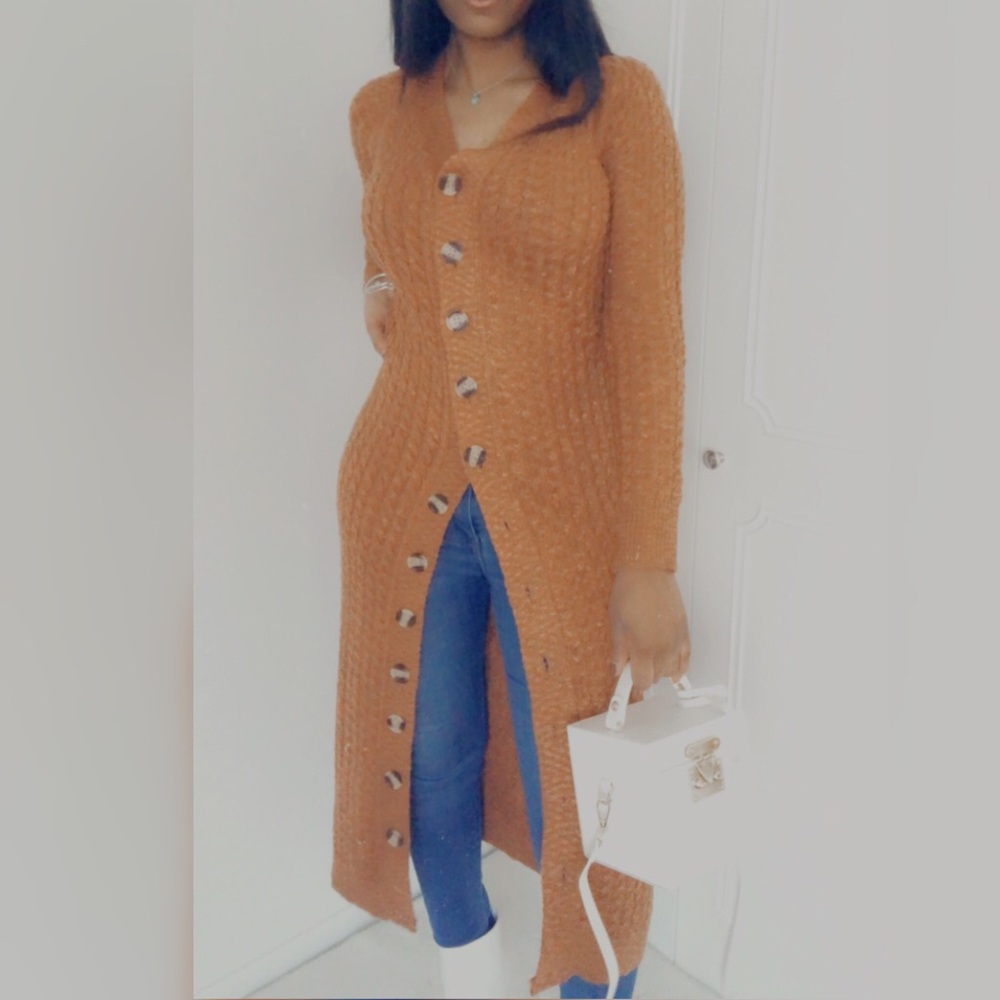 Cable knit full length button down sweater